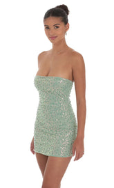 Strapless Sequin Beaded Dress in Sage Green