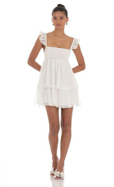Dotted Ruffle Dress in White