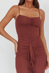 Kamilah Gathered Cascading Ruffle Midi Dress Maroon
