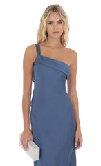 Satin One Shoulder Tassel Maxi Dress in Denim Blue