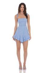 Floral Jacquard Ruffle A-line Dress in Light Blue