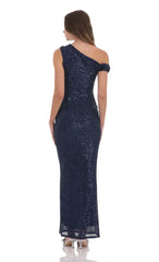 Sequin Off Shoulder Maxi Dress in Navy