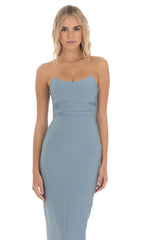 Strapless Corset Sequin Butterfly Maxi Dress in Blue