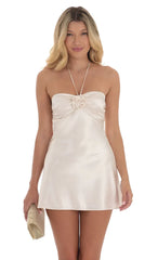 Flower Satin Halter Dress in Champagne