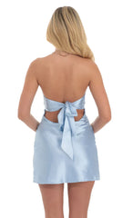 Satin Strapless Twist Cutout Dress in Light Blue