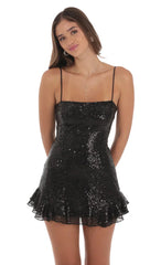 Sequin Ruffle Dress in Black